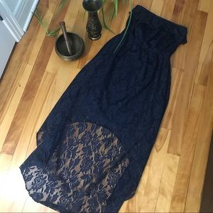 Lace, navy blue, strapless hylow dress